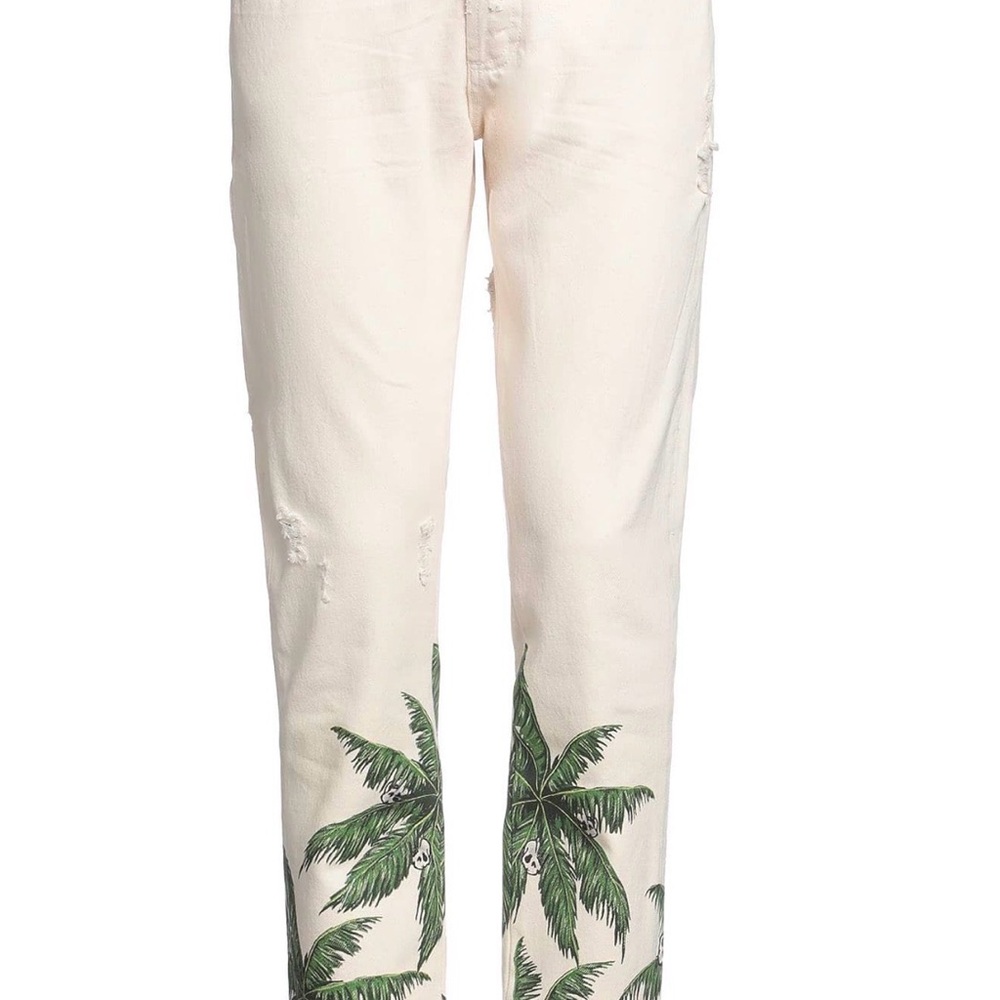 Palm Angels Bull Palms White Green Distressed Denim Jeans Size 33